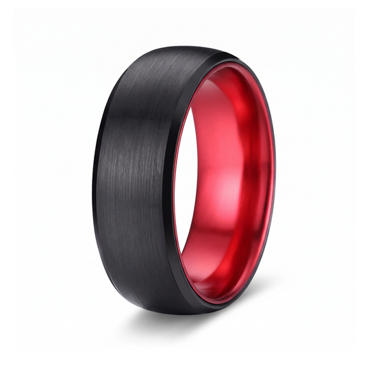 The Redline black brushed tungsten ring with red interior on a white background