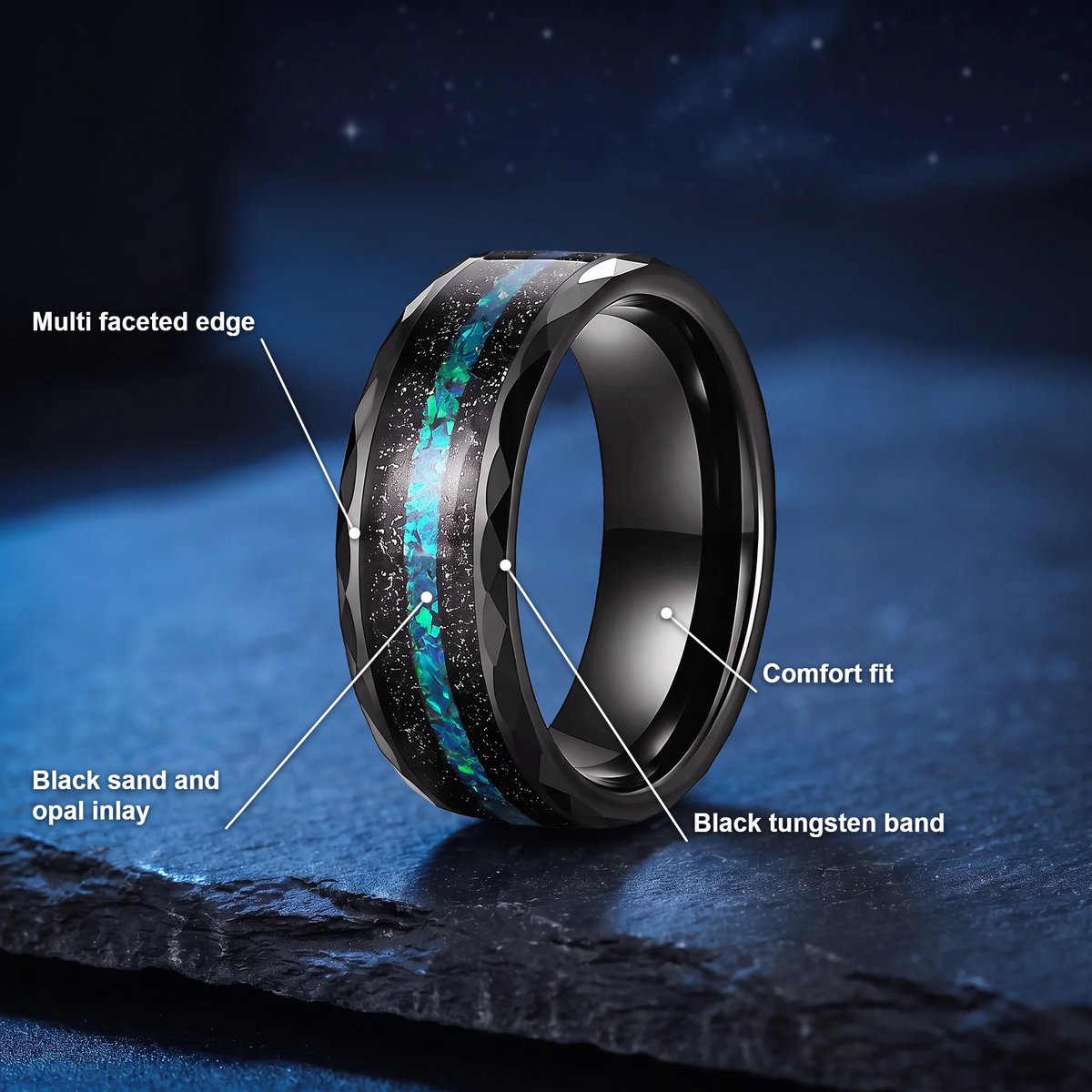 The Reef black tungsten ring with black sand and green blue opal inlay and feature callouts