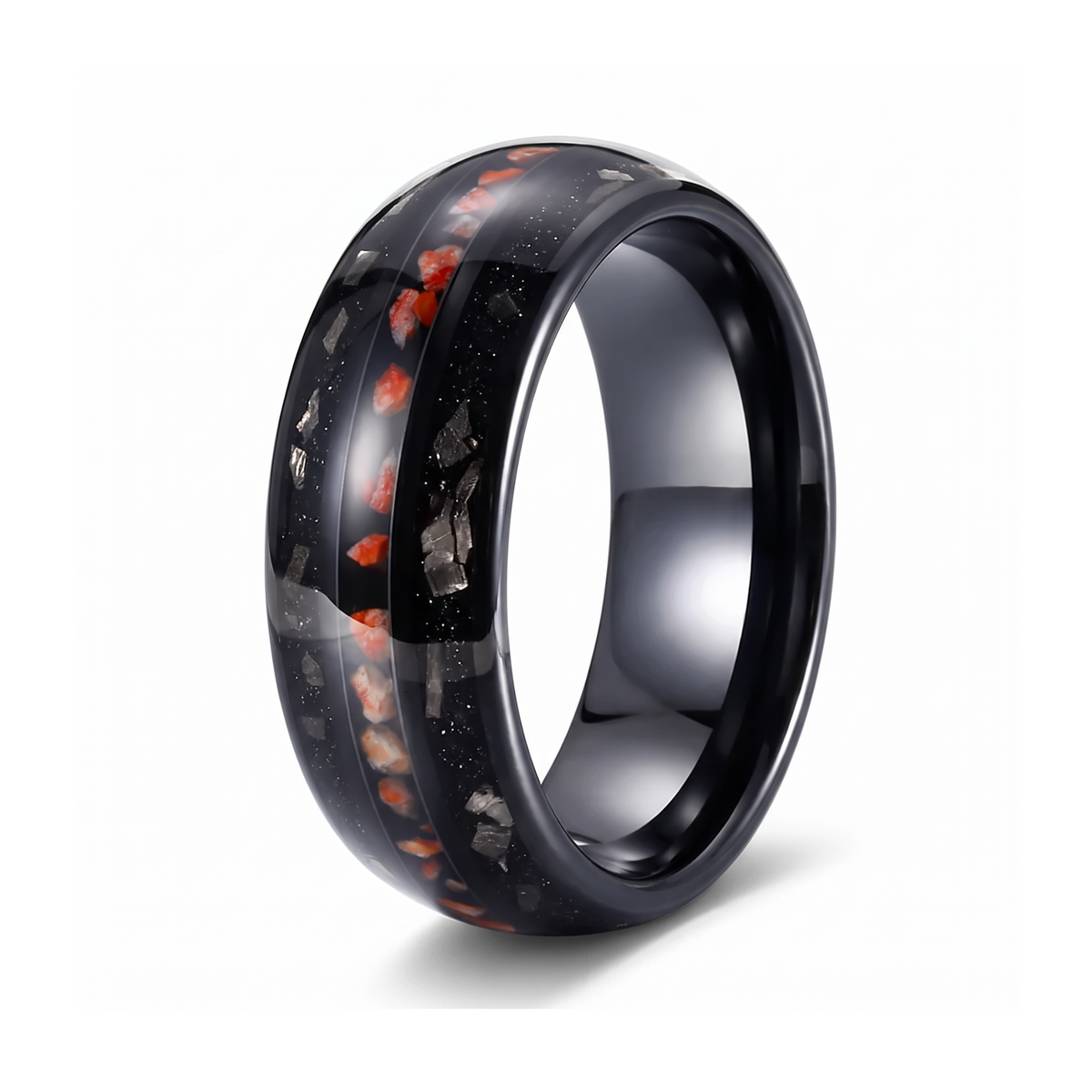 The Relic domed black tungsten ring with dinosaur bone and black sand metal slag inlay