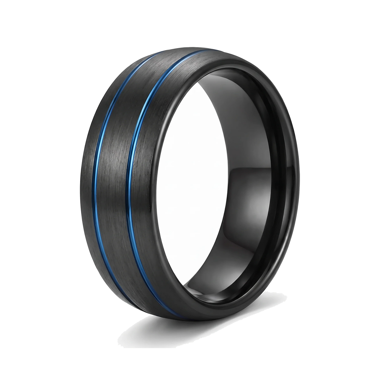 The Riptide black tungsten ring with a double blue line inlay on a white background