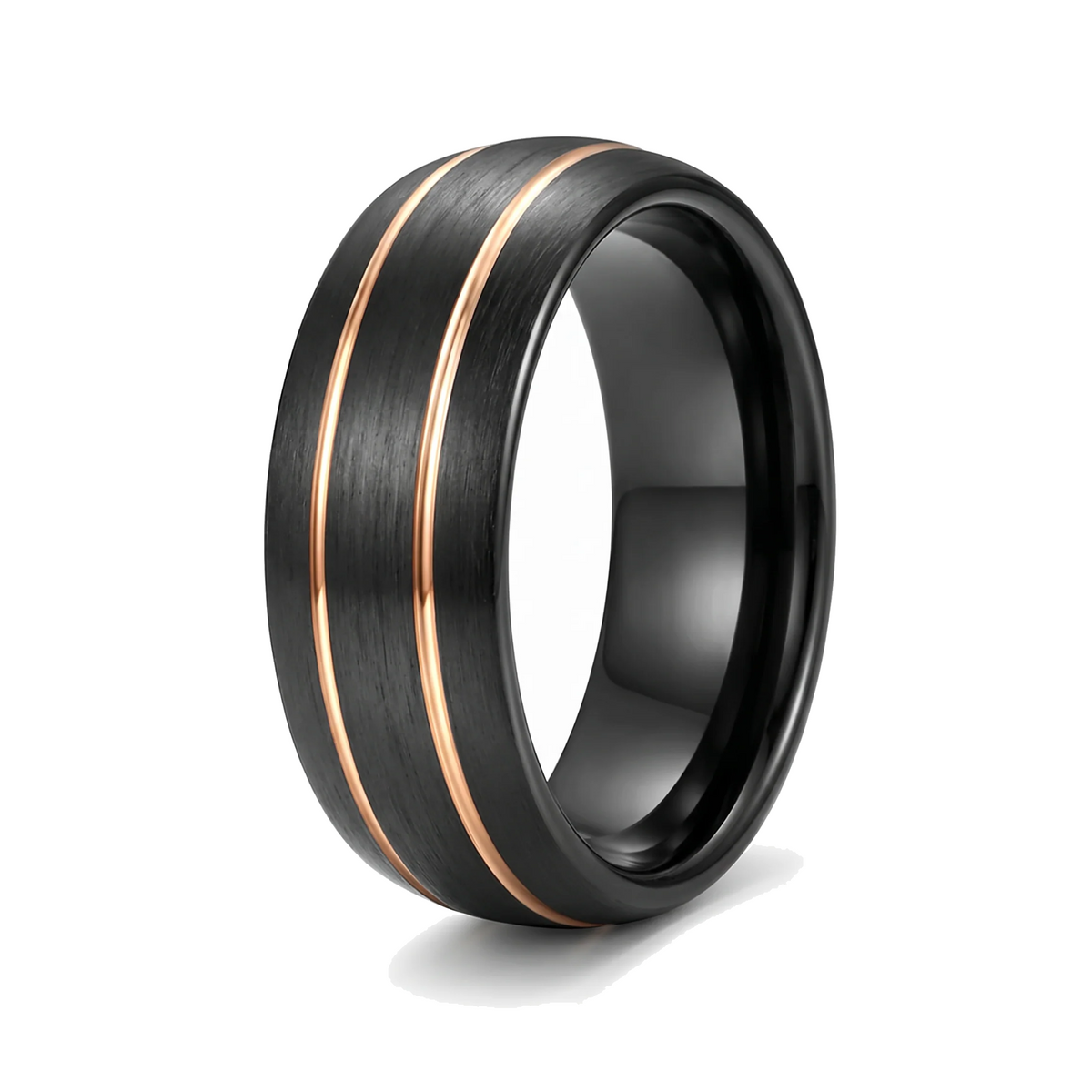 The Riptide black tungsten ring with a double gold line inlay on a white background