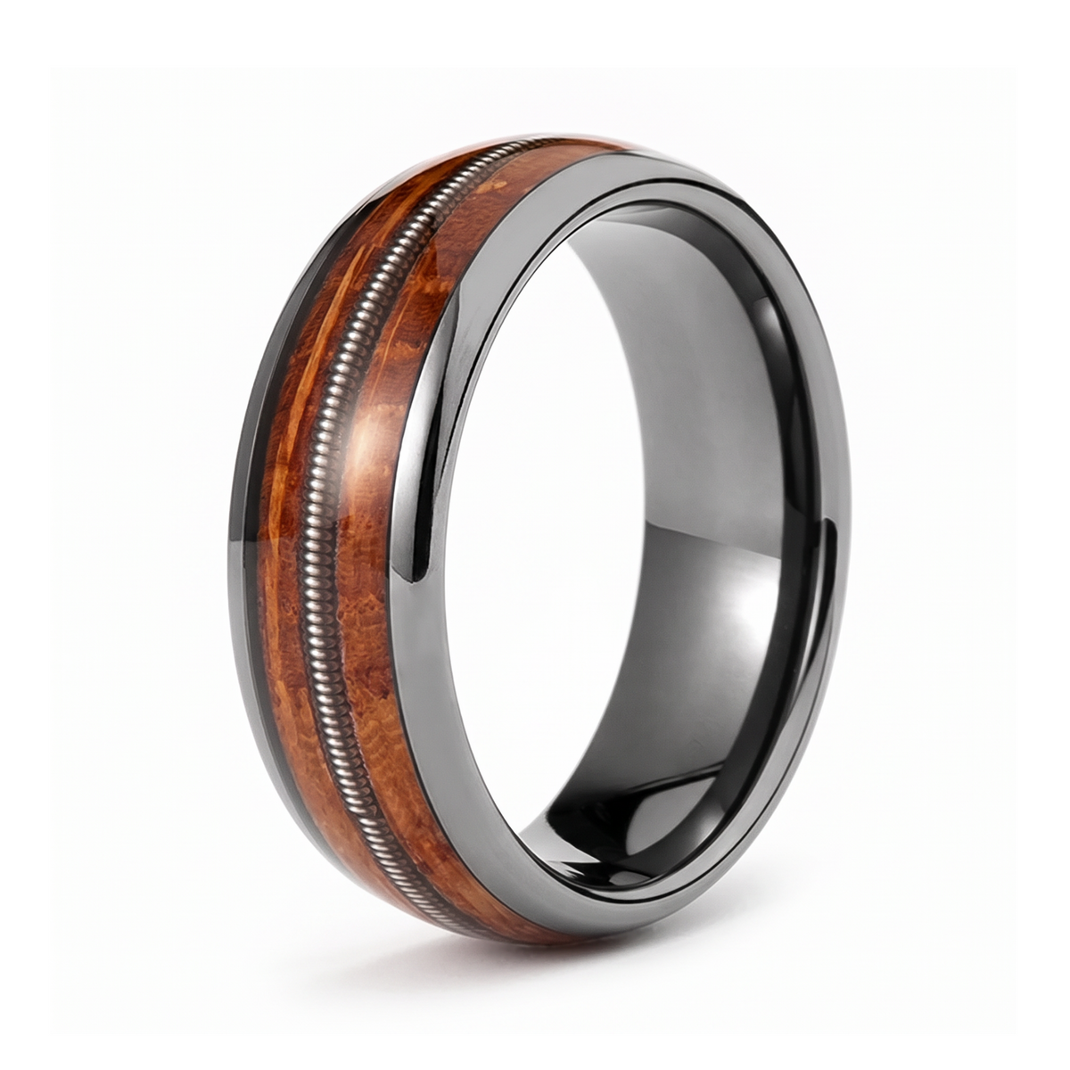 The Roadhouse domed gray tungsten ring with whiskey barrel wood inlay and guitar string on a white background