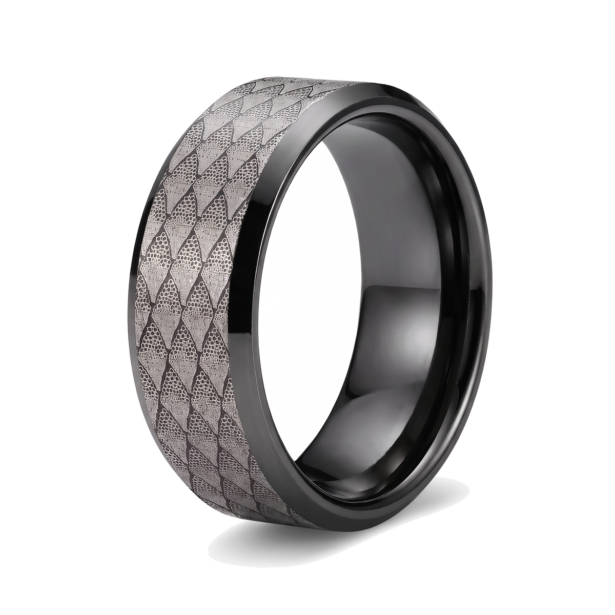 The Serpentine tungsten ring with a laser engraved fish scale pattern and a black interior on a white background
