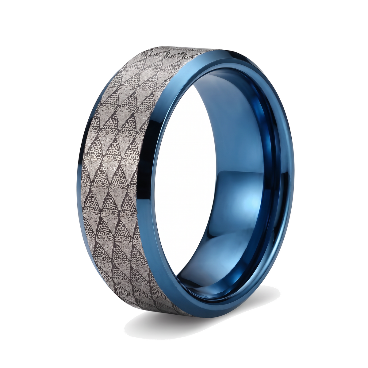 The Serpentine tungsten ring with a laser engraved fish scale pattern and a blue interior on a white background