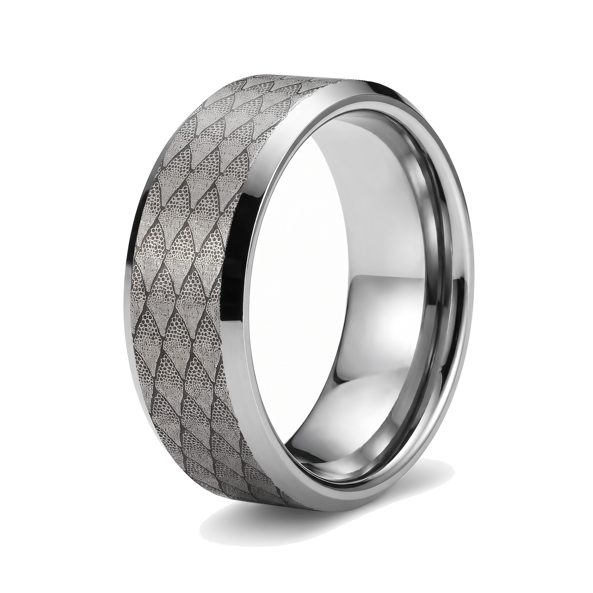 The Serpentine tungsten ring with a laser engraved fish scale pattern and a silver interior on a white background