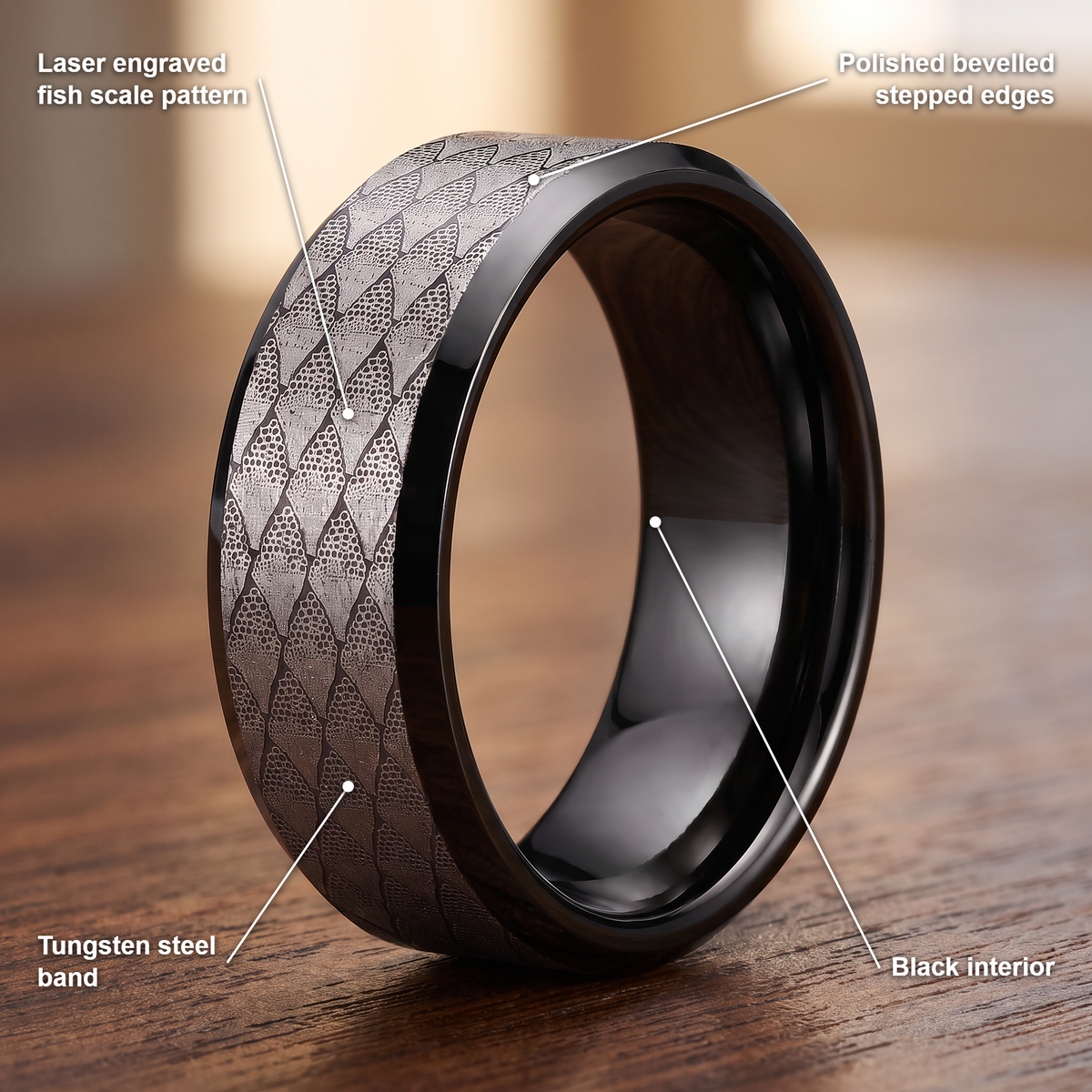 The Serpentine ring details: laser engraved fish scale pattern, polished bevelled stepped edges, tungsten steel band and black interior