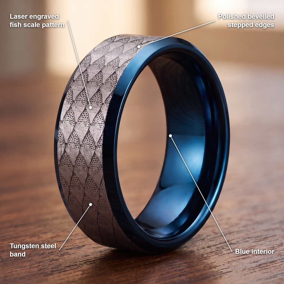The Serpentine ring details: laser engraved fish scale pattern, polished bevelled stepped edges, tungsten steel band and blue interior