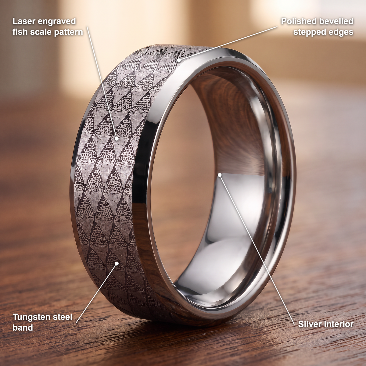 The Serpentine ring details: laser engraved fish scale pattern, polished bevelled stepped edges, tungsten steel band and silver interior