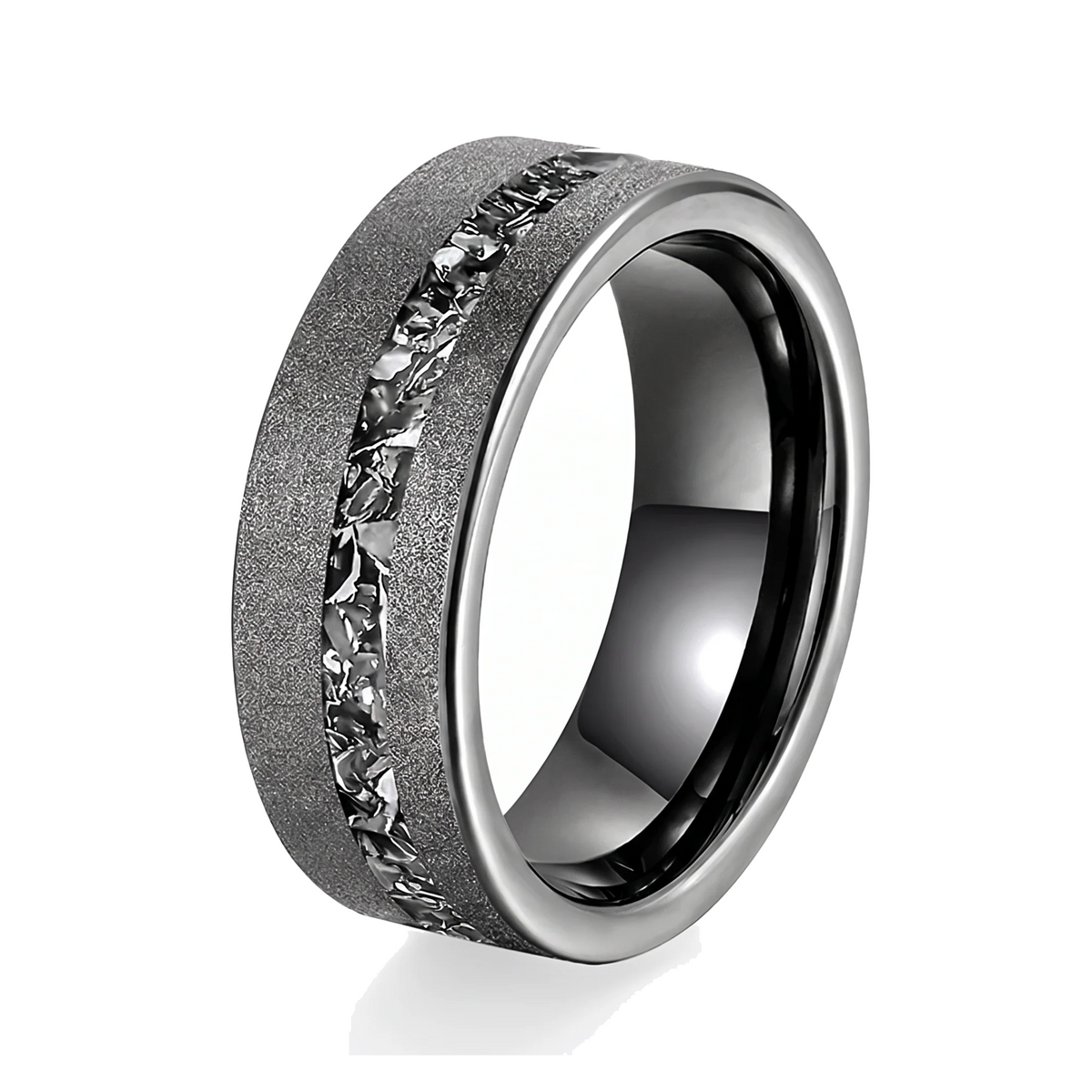 The Shard tungsten ring with a crushed zircon inlay on a white background