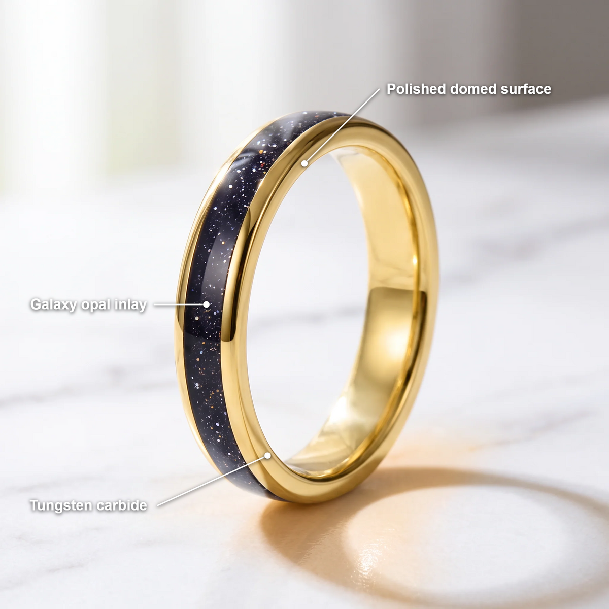 The Vega gold color tungsten ring with a galaxy opal inlay and feature callouts