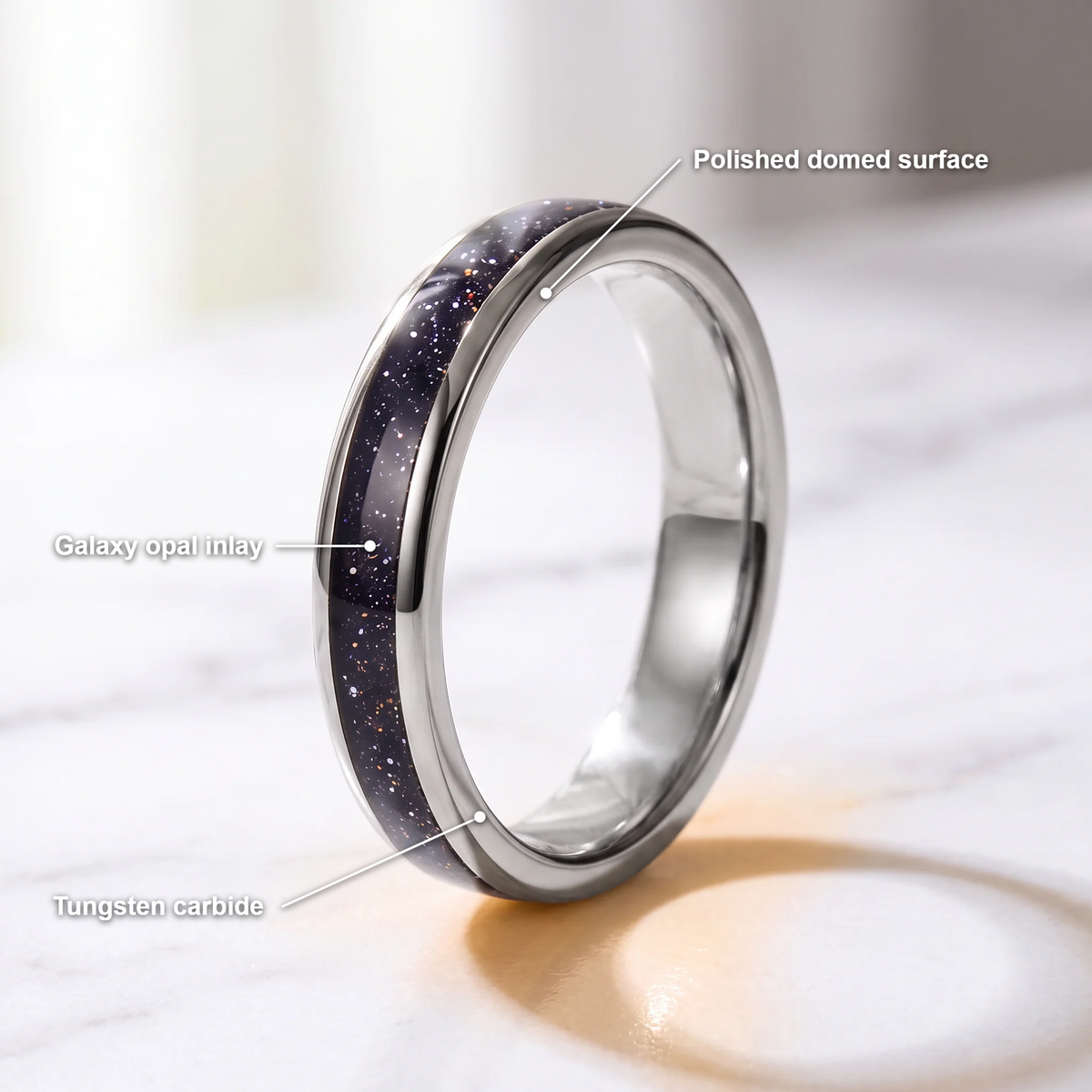 The Vega silver color tungsten ring with a galaxy opal inlay and feature callouts